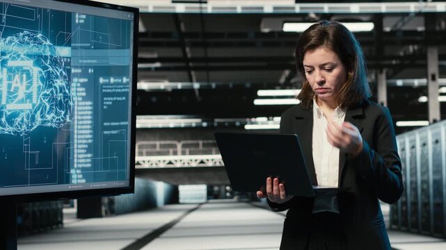 Upset data center female technician struggling to make artificial intelligence optimize rigs. Disappointed server hub employee frowning after getting errors from using AI deep learning tech, camera B