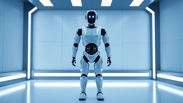 An Ai robot standing in a futuristic white room with neon lights and a reflective floor viewed from the front