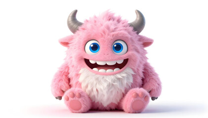Obraz premium Cute fluffy pink monster with big blue eyes and a wide smile, sitting on a white background