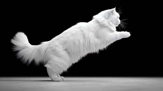 A majestic long-haired white cat captured in a dynamic mid-air leap, showcasing its incredible agility and elegant movement against a stark, minimalist dark studio backdrop