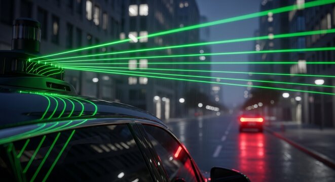 Autonomous Vehicle Lidar Sensor Scanning City Street at Night