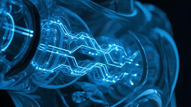 Ai robot mechanical components with glowing blue circuits and wires in a futuristic robotic assembly close-up
