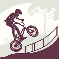 Naklejka premium Vector silhouette of a BMX rider on a ramp in a city skatepark — the dynamics of extreme freedom