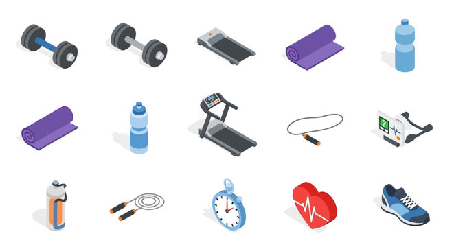 Isometric fitness equipment illustration featuring dumbbells, treadmill, and workout essentials