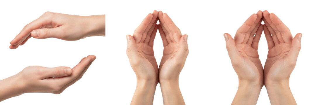 Hand holding invisible ball with two hands gesture close-up isolated on white background, human hands showing holding, cradling, or supporting object, hand communication, body language, hand posture