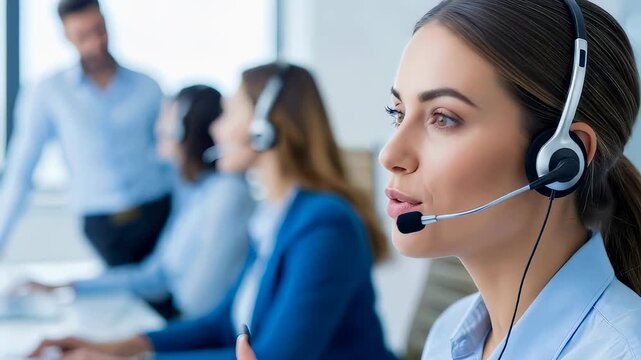 Woman call center agent giving support and advice using headset. Online customer service center with consultants.