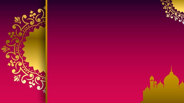 Elegant gold patterns on deep pink background with mosque silhouettes. Perfect for islamic event invitations, ramadan designs, or cultural presentations.