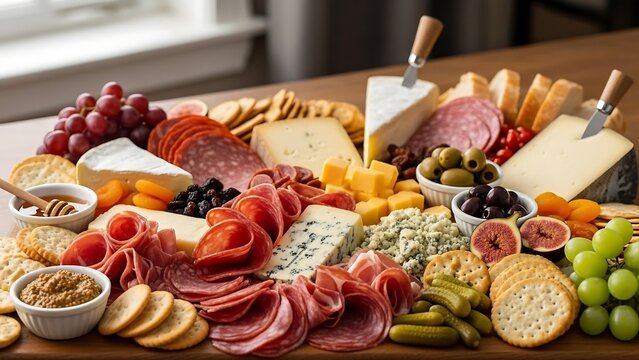 Delicious charcuterie board with cheese and meat.