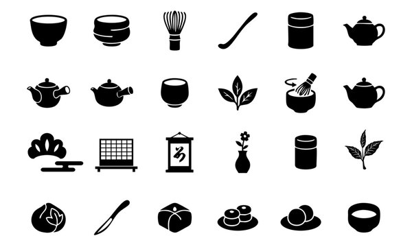 Japanese Tea Ceremony and Wagashi Sweets Icon Set - 24 Pictograms
