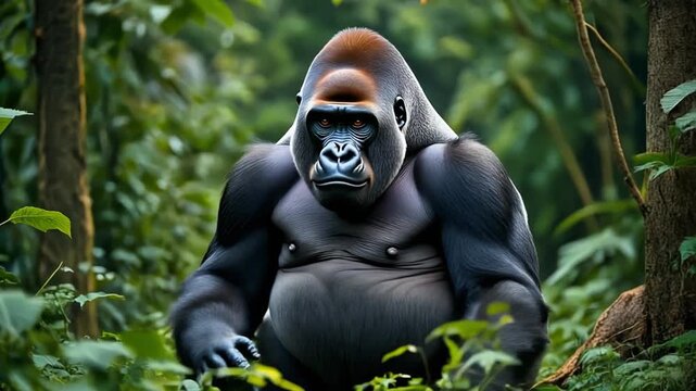 A majestic gorilla sitting in the dense forest, surrounded by lush greenery and trees, viewed from a low angle.