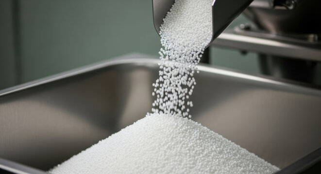 Plastic pellets pouring from container into metal tray for industrial use