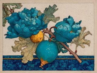 Decorative plant border illustration with figs and swirling leaves for timeless design projects