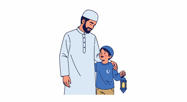 Illustration of a Muslim man and a boy standing together, both wearing traditional clothing, with the boy holding a lantern on a white background.