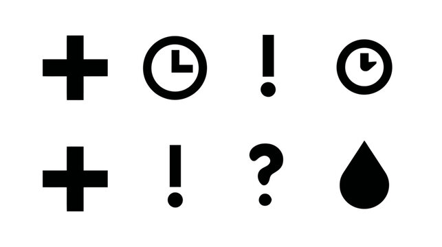 Set of minimalist black and white UI icons including plus sign, clock, exclamation mark, question mark, and water drop symbols