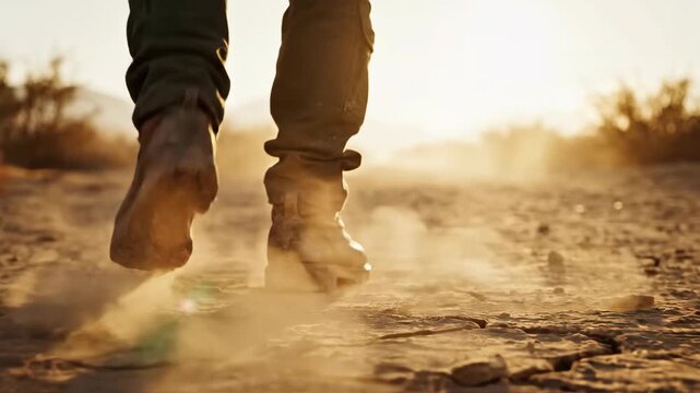 Person walking through dry cracked desert landscape at sunset.