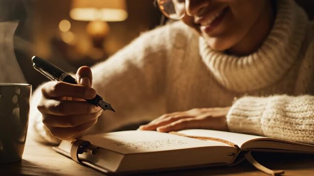 Elderly woman wearing glasses writing in a journal at a desk.