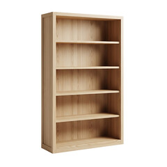 A light-colored wooden bookshelf with five empty shelves on transparent background
