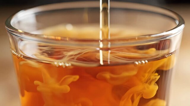 Golden syrup pouring into a glass of tea. Slow motion diffusion of liquid in a beverage. Swirling patterns and mixing colors. Close-up of tea preparation