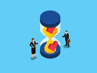 Work-Life Balance and Relationship Concept: Business People with Large Hourglass and Red Hearts Representing Time Investment in Love and Connection 3d isometric vector illustration