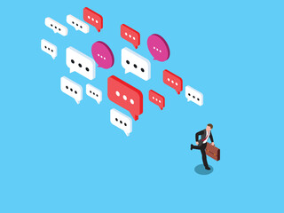 Businessman Running Away from Information Overload and Speech Bubble Notifications 3d isometric vector illustration