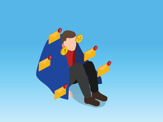Digital Overload and Information Fatigue Concept with Man Overwhelmed by Email Notifications 3d isometric vector illustration