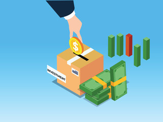 Investment and Capital Growth Concept with Hand Putting Gold Coin into Donation Box, Stacks of Cash, and Stock Market Bars on Blue 3d isometric vector illustration