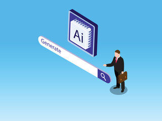Generative AI Concept for Business with Businessman, Artificial Intelligence Microchip, and Search Bar on Blue Background 3d isometric vector illustration