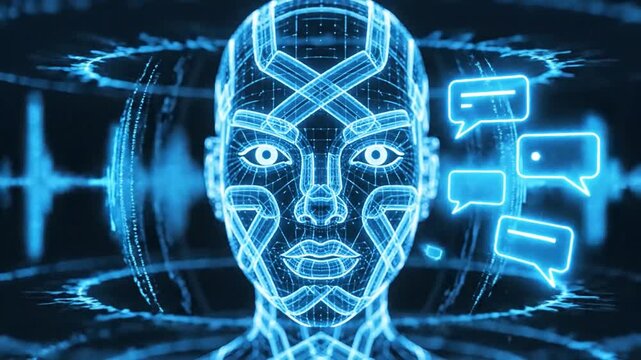 Blue wireframe human face with sound wave patterns emanating outwards head.