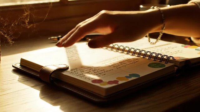 Woman writing in a journal with a pen and coffee.