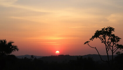 Fototapeta premium Tranquil sunset horizon above deep jungle