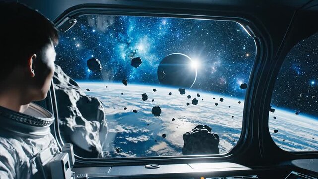 Astronaut gazing out of spacecraft window at earth, planets and asteroids in outer space scenery