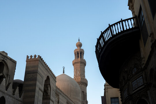 Cairo, Egypt - February 11, 2026: Detailed View of the Ornate Stone Minaret of Sultan Al-Mansur Qalawun Mo