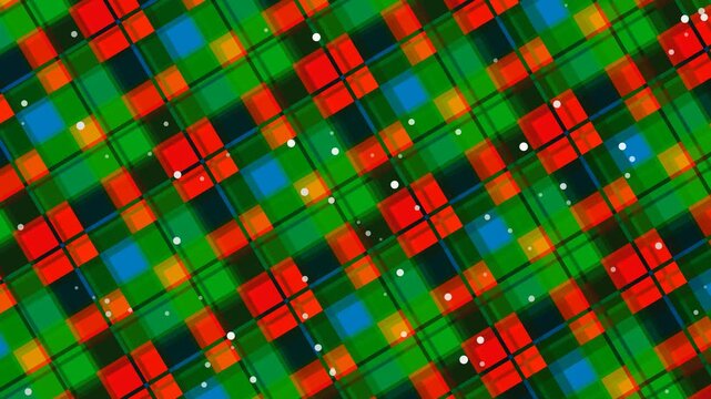 Vibrant animated tartan pattern background featuring traditional Christmas colors of red green and blue. White glowing dots resemble falling snow adding a festive holiday texture