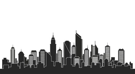 Fototapeta premium Modern city skyline silhouette vector illustration. Urban landscape with skyscrapers and tall buildings on white background.