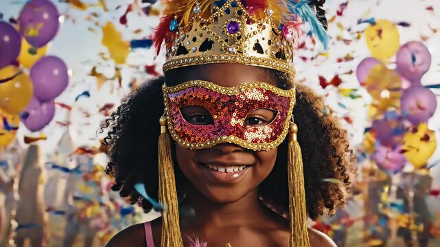 Adorable little girl wearing a sparkling mask and crown, smiling happily at a vibrant outdoor festival with balloons and falling confetti, embodying the joyful spirit of celebration