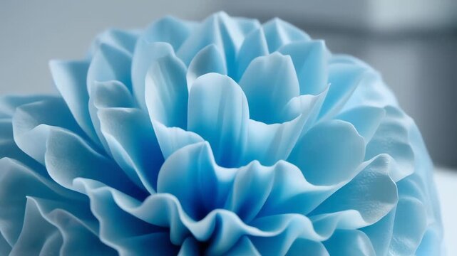 Close-up of a blue flower with densely layered, ruffled petals forming a soft spiral; cool tones range from pale powder blue to deep cobalt, with subtle light highlights and a blurred pale background