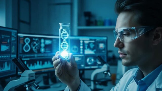 observing a laboratory researcher examining a DNA sample using a glowing test tube