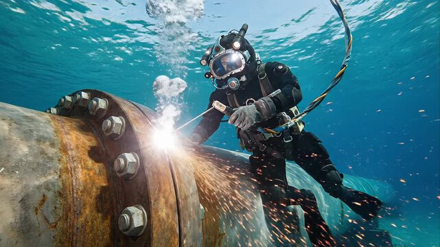 Professional diver in a commercial diving suit performing maintenance and repair work, welding a rusty underwater pipeline with sparks flying in the clear blue water of the ocean