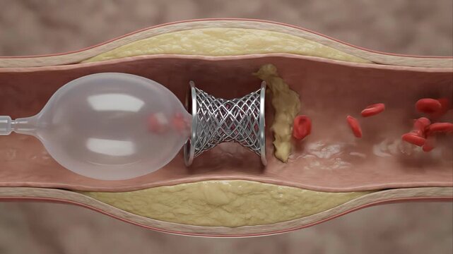 Balloon angioplasty animation showing stent placement to open a blocked coronary artery, restoring blood flow and treating atherosclerotic plaque and ischemic heart disease