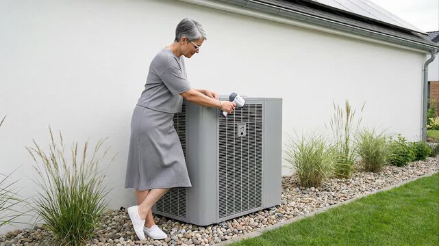 Elegant mature woman standing in her backyard using a remote control to operate the modern air to water heat pump of her energy efficient house with solar panels on the roof