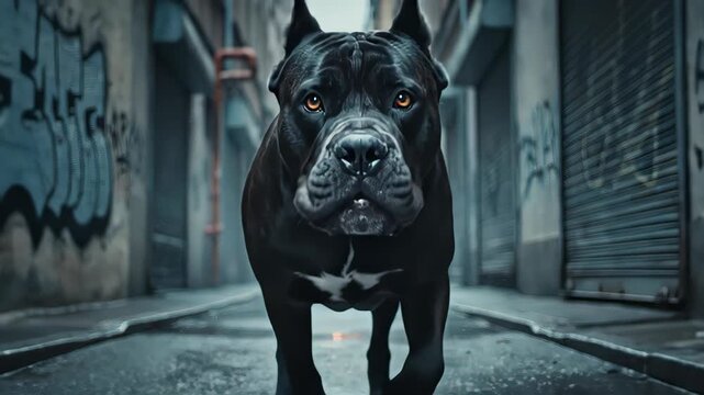Powerful black cane corso running towards the camera down a gritty, wet urban alley with graffiti covered walls. Muscular guard dog showing determination and strength in a moody, cinematic setting