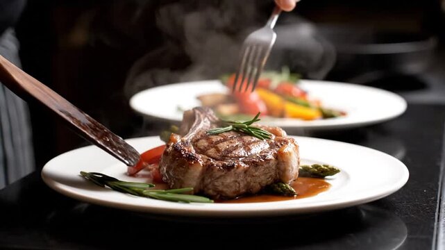 Hands poised to savor a gourmet hot meat entree, perfectly plated with fresh asparagus and roasted tomatoes, promising a delightful culinary experience