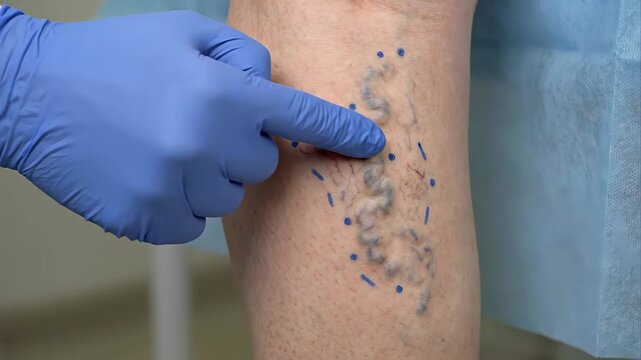 Vascular surgeon in sterile gloves examining a patient's leg with varicose veins and telangiectasias, pointing at the affected area marked for endovenous laser ablation or sclerotherapy