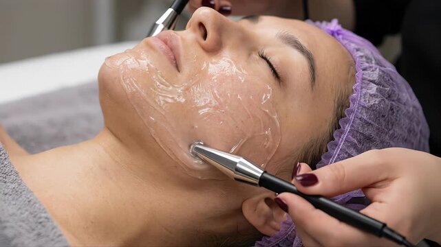 Relaxed woman getting a microcurrent facial toning treatment from a professional beautician in a beauty clinic. Electrical stimulation is used for anti aging skin rejuvenation and wrinkle reduction