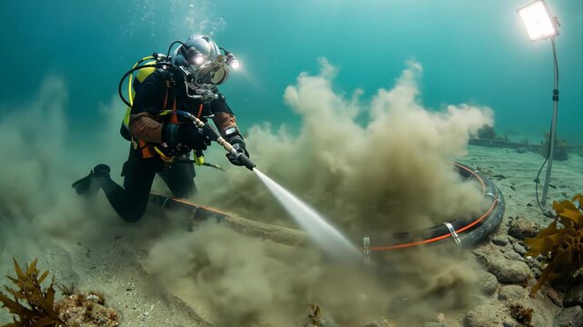Professional commercial diver in full gear using a water jet to clear sand from a large underwater Internet cable on the seabed, performing subsea maintenance and installation illuminated by lights