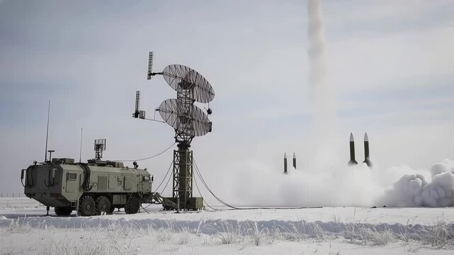 Modern surface to air missile system launching interceptor rockets during military exercises in a snowy landscape, with a mobile radar complex providing target acquisition and guidance