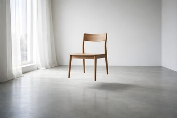 Fototapeta premium A floating chair in a minimalist room, capturing a subtle surreal moment where everyday stability quietly dissolves.
