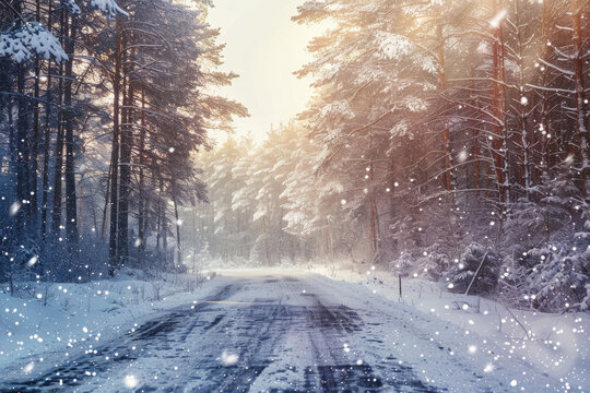 A snowy road on snow fall day in winter time.	