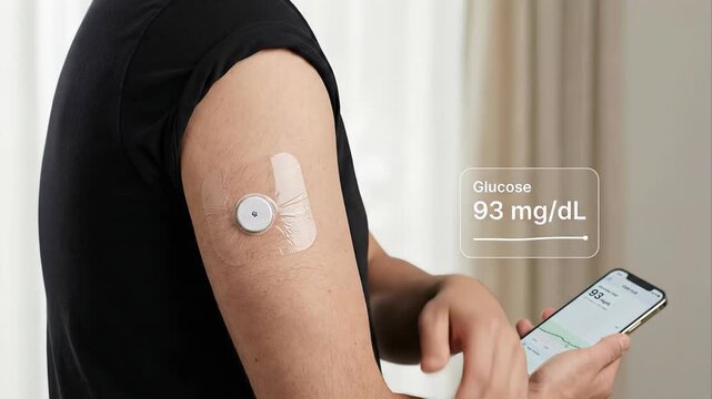 Man with diabetes using a continuous glucose monitor sensor on his arm, checking his blood sugar levels on a smartphone app. The remote patient monitoring system shows a stable glycemia reading