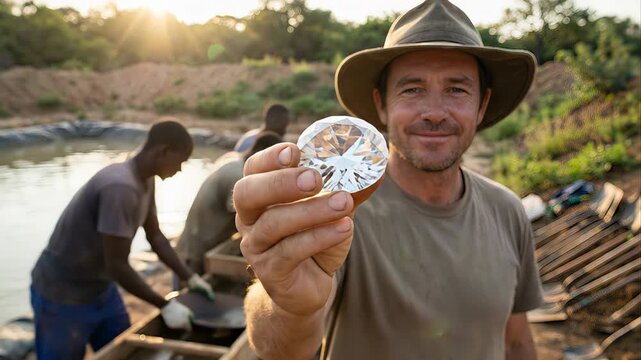 Happy caucasian geologist holding a large raw diamond in front of the camera, with a group of african miners sifting for gems in the background at a rural open pit mine during a sunny day